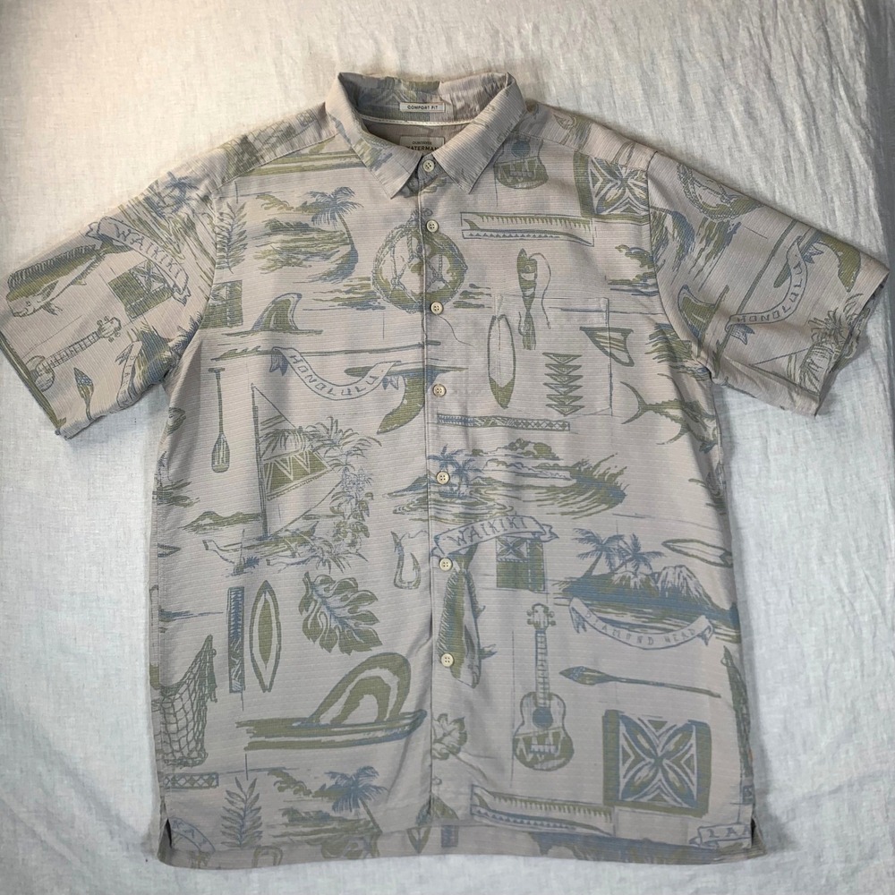 Quiksilver Waterman Button Down Shirt Mens L Tan Hawaiian Surf Aloha Coastal